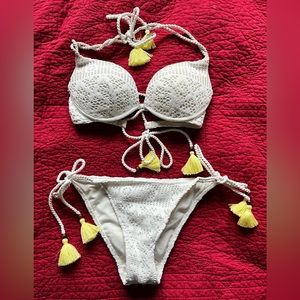 Victoria’s Secret white crochet push-up swim top with yellow tassels
